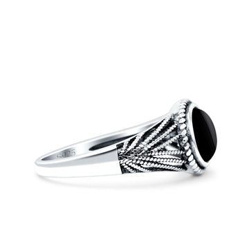 Vintage Style Petite Dainty Lab Opal Ring Solid Oval Oxidized Simulated Black Onyx 925 Sterling Silver